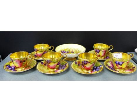 An Aynsley porcelain fruit patterned set of six cups and saucers, signed N.Brunt, together with an Aynsley fruit patterned pe