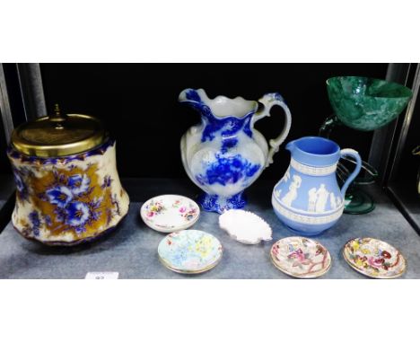 A mixed lot to include a Carlton Ware 'Petunia' patterned biscuit barrel with Epns top, a blue and white jug, a Wedgwood Jasp