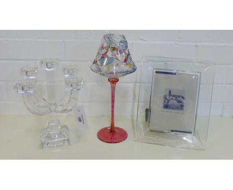 A Villeroy & Boch glass candlestick, an Art glass tealight lamp and a Rennie Mackintosh picture frame, (3) 