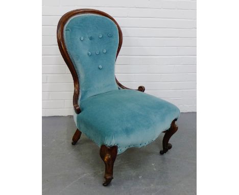 A walnut framed button back upholstered chair on cabriole supports,  92 x 60