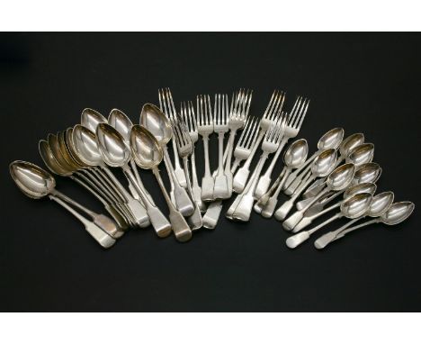 A Maltese silver part canteen of cutlery, consisting of fourteen fiddle pattern table spoons, twelve table forks, sixteen tea