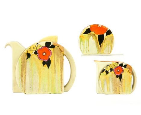 A Clarice Cliff teapot, sugar pot and milk jug, in 'Bizarre' pattern