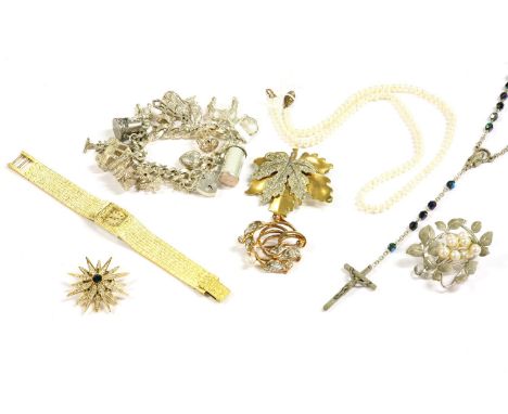 A collection of costume jewellery, to include a ladies gold plate Rotary quartz bracelet watch, a single row cultured freshwa