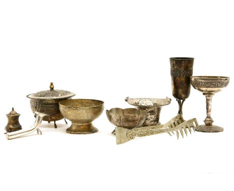 A mixed lot of un-marked silver, marked and electroplated items, the majority of Indian origin, comprising a wine goblet, two