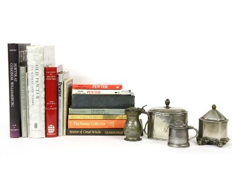 A pewter tobacco jar and cover, 12cm high, an oval tea caddy and cover, a rare Glasgow pewter tankard and hinged cover, c. 18