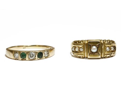 A 15ct gold split pearl ring, dated Birmingham 1887, and a 15ct gold graduated five stone diamond and emerald ringpearl ring 