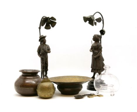 A Spittoon, a pot, a spoon, and an engraved bell, with a glass fly trap, and three weights, and a pair of table lights