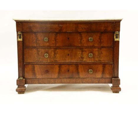 A 19th century Continental mahogany four drawer commode secretaire chest, with white marble top and Egyptian caryatids, 136cm