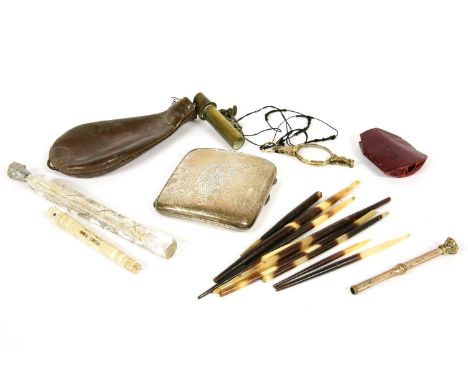 A collection of items, to include a silver cigarette case, a pair of collapsible glasses, a gilt glass measure, a propelling 