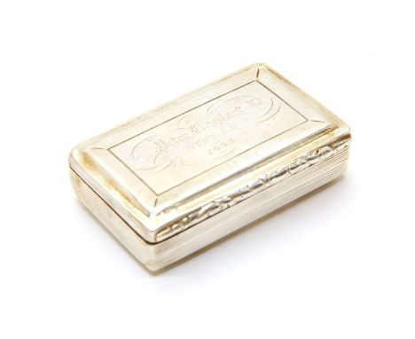 An early 19th century silver snuff box, Nathaniel Mills, Birmingham 1833, the lid engraved Peter Baggart, Dundee, 1833, 8 x 5