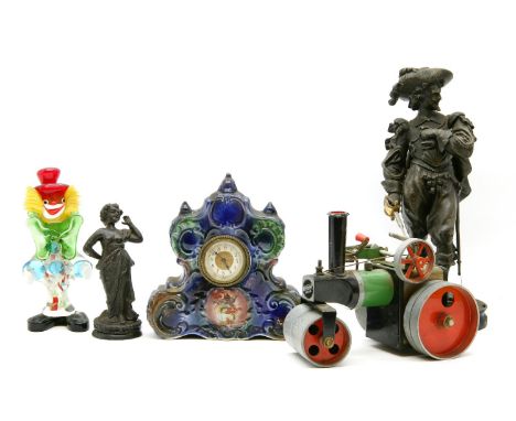 Sundries, including three spelter cavaliers, china clock set, Mamod steam engine, Murano clowns, etc