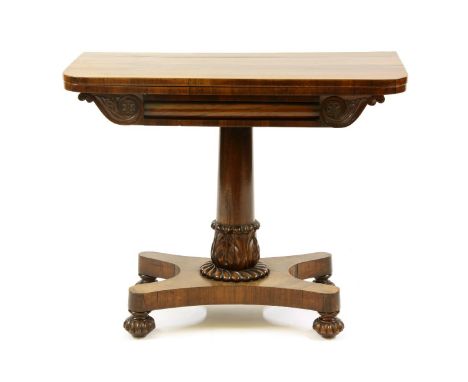 A Victorian rosewood card table on column, 91cm wide, 45cm deep, 74cm high