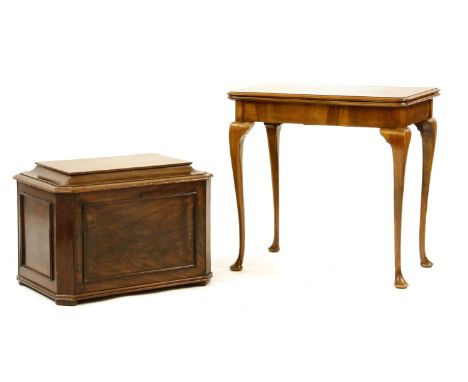 A walnut foldover card table, on cabriole legs, 76cm x 46cm x 50cm, together with a 19th century and later mahogany cellarett