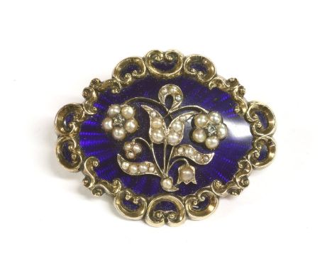A Victorian diamond split pearl and blue enamel, forget-me-knot spray brooch, with raised floral boss set with graduated spli
