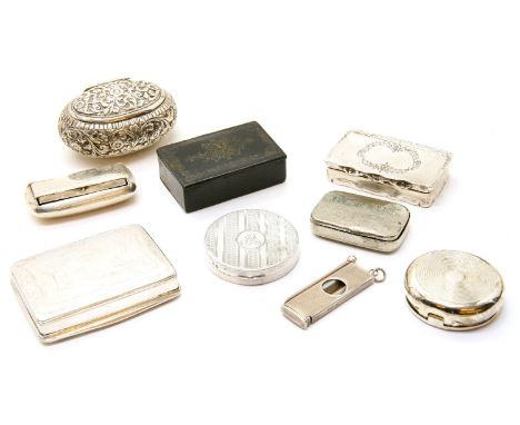 A collection of various 19th century and later snuff boxes, to include a Continental example, the lid engraved with a couple 