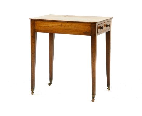 A George III mahogany lamp table, the rectangular top above an end drawer on square tapering supports, 66cm wide x 55cm deep 