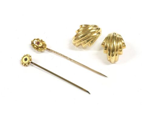 A pair of clip on shell earrings, stamped 375, and two stick pins, and a small quantity of silver and costume jewellery, incl