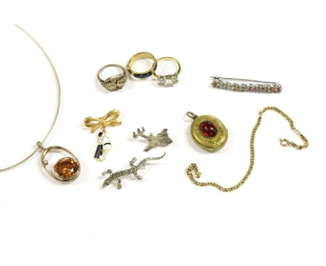 A collection of costume jewellery, to include a gold rolled box link bracelet, a gilt metal honeycomb bracelet (ignore markin