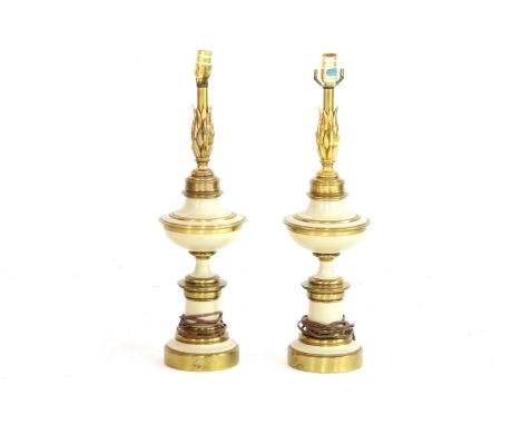 A pair of American style brass and enamel electric lamps, 66cm high