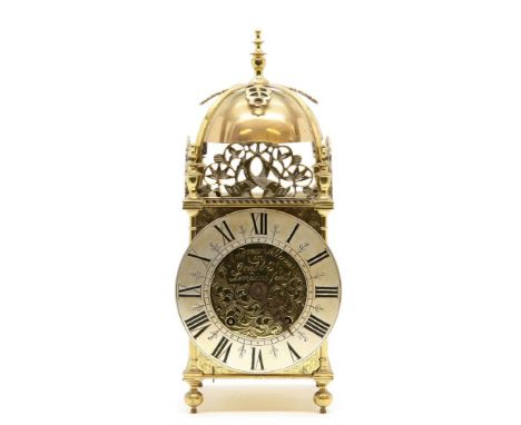 A brass lantern clock reproduction, the dial inscribed  'Andrew Allam Grubb St, Londini fecit', 39cm