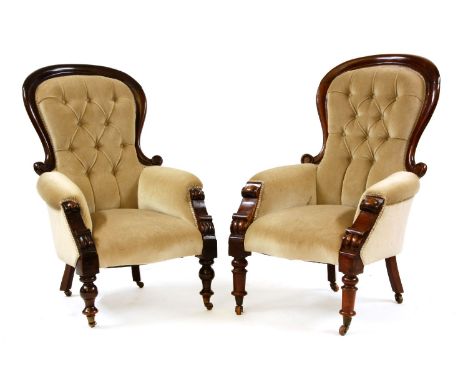 A pair of Victorian spoon back ladies and gentlemen's chairs, the largest 71cm x 82cm x 107cm