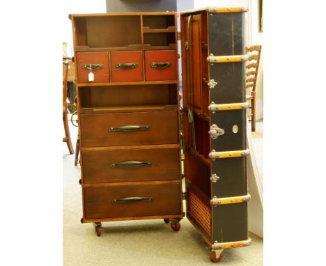 A Land & By Sea campaign design travelling trunk, having red lacquered fitted interior of drawers and pigeon holes, 56 wide x