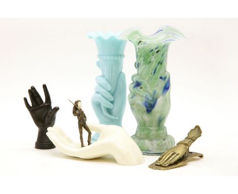 A collection of 'hand' ornaments, including Royal Worcester, crested examples and letter clips