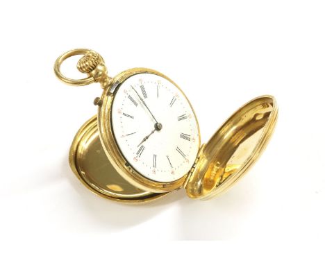 A French 18ct gold ladies Hunter fob watch, white enamel dial with Arabic numerals