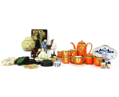 A collection of miscellaneous Chinese and Japanese collectables, comprising a tea service, bone compasses, lacquered letter b
