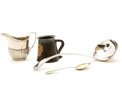 A silver cream jug, by William Hutton & Sons Ltd, London, 1903, together with a silver teaspoon, a silver plated ladle and a 