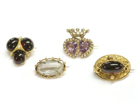 A gold amethyst and split pearl twin heart brooch, with coronet above, 4.14g, (tested as 9ct gold), a gold quartz brooch with