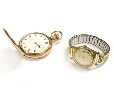 A rolled gold Hunter pocket watch, white enamel dial with Arabic numerals, seconds subsidiary dial, (bezel and glass loose) 1