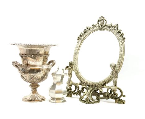 A cast ornamental easel mirror, a wine cooler, a candelabra, tray, and an Alessi bowl