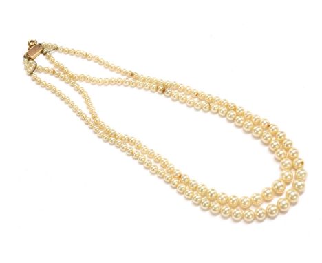 A two row graduated simulated pearl necklace, with gold clasp, marked 9ct