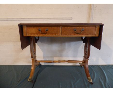 A Reproduction Two Drawer Crossbanded Drop Leaf Sofa Table with Lyre Supports, 91cm Long