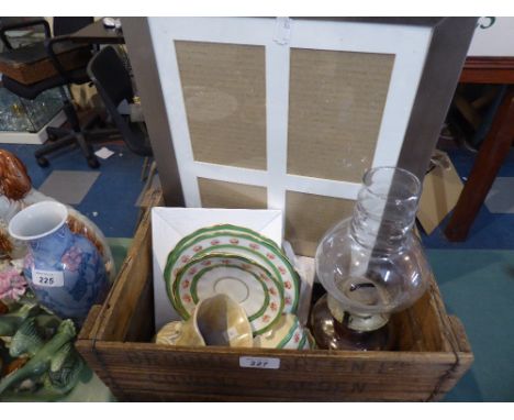 A Vintage Covent Garden Box Containing Glass Oil Lamp, Photo Frame, Teawares Etc 