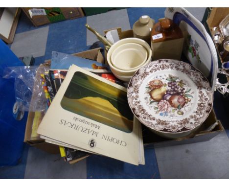 A Box Containing Stoneware Hotwater Bottles, Decorated Plate, Meat Plate, Fish Jug, Brass Crocodile Nutcracker, Records and C