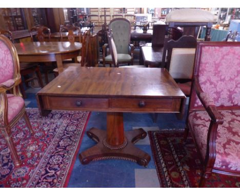 A Mid 19th Century Mahogany Two Drawer Sofa Table on Quadrant Base with Scrolled Feet, 92cm Wide, Caster Requires Re Fixing