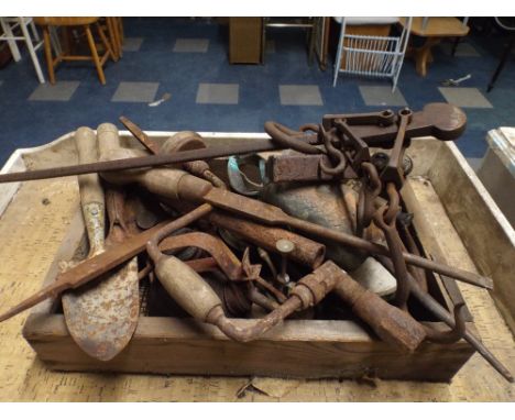 A Box of Vintage Tools, Steelyard, Blow Torch, Oil Can etc