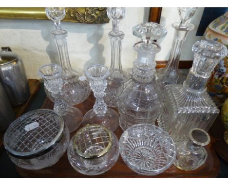 A Tray of Glassware to Include Three Globe and Stalk Decanters, Two Spirit Decanters, Rose Bowls Etc 