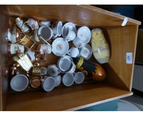 A Box Containing Dolls House Tea Service, Two Russian Dolls, Miniature Brass Barge Ware Ornaments