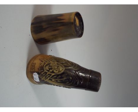 A Vintage Horn Beaker and Paraguayan Horn Drinking Vessel with Decoration in Relief 