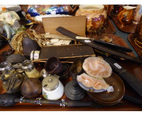 A Tray of Curios to Include Vintage Opera Glasses, Brass Bucket Weights, Brass Bell, Vintage Spectacles etc 
