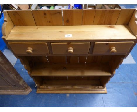 A Wall Hanging Pine Kitchen Shelf Unit with Three Base Drawers, 92cm high 