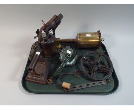 A Tray of Vintage Kitchenalia to Include Spong Bean Slicer, Flat Iron, Clock Work Meat Jack, Blow Torch Etc