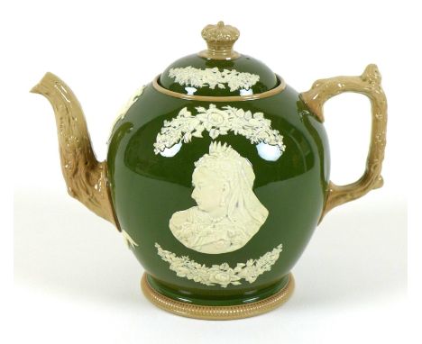 A Copeland late Spode commemorative teapot, for the Diamond Jubilee of Queen Victoria in 1897, the olive green body with appl