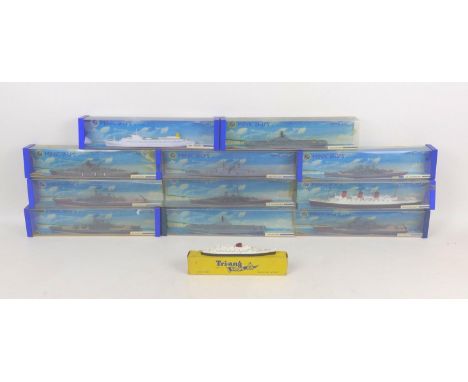 Twelve die-cast Minic Ships by Hornby and Tri-ang, 1:1200 scale, including M714 Flandre, IJN Yamato, HMS Bulwark, USS Missour