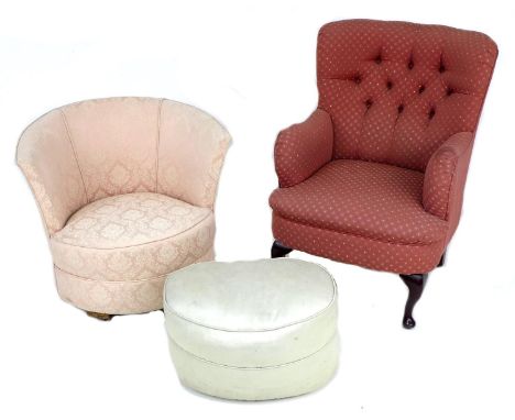 A buttonback armchair, in red upholstery, 65 by 90 by 95cm high, a tub chair, in pale pink upholstery, 75 by 67 by 66cm high,