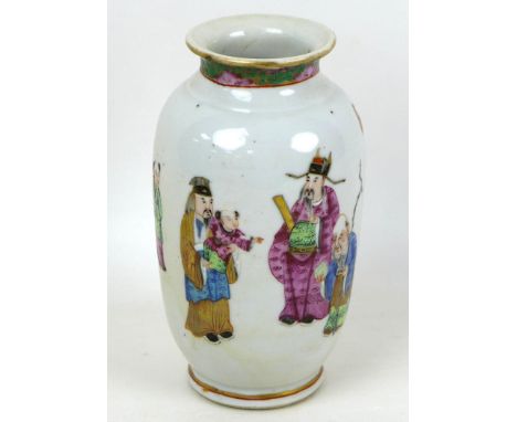 A Chinese porcelain famille rose vase, Qing Dynasty, 19th century, of ovoid form with narrowed neck and flared rim, decorated