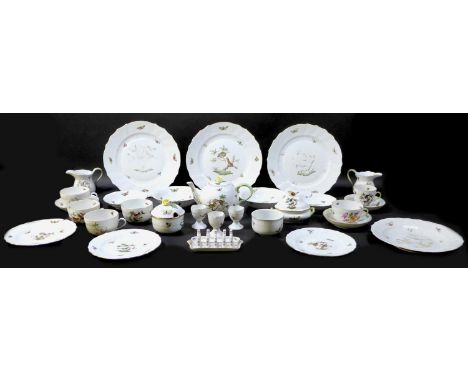 A Herend porcelain part breakfast set, mid 20th century, decorated in the Rothschild Birds pattern, including teapot, 11cm hi